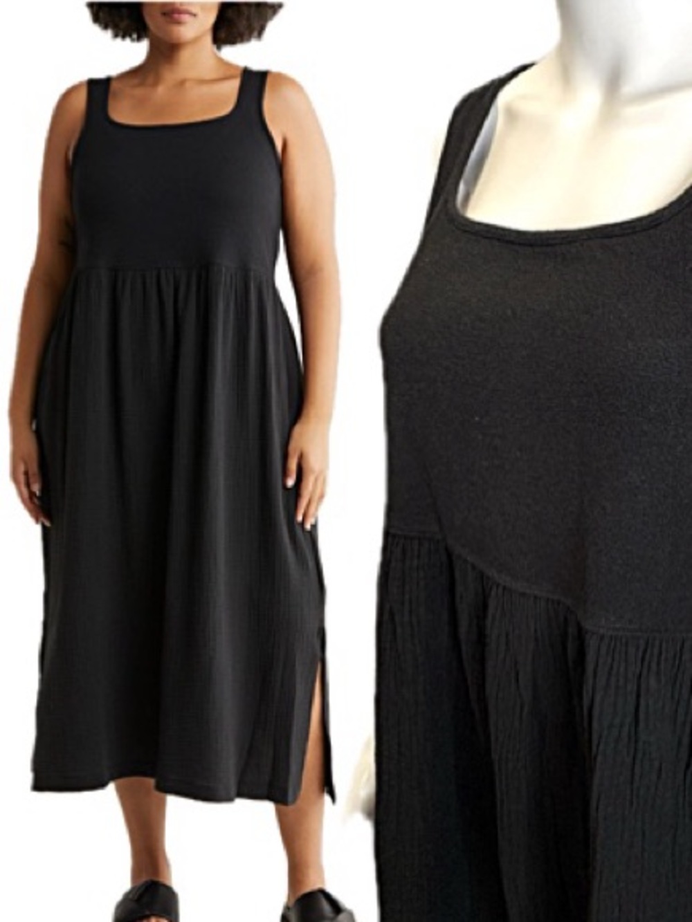 Madewell Black Cotton Gauze Midi Tank Dress Size M Mixed Knit Babydoll Sundress